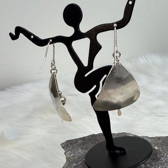 Vintage Triangle & Bead Dangle Sterling Silver Pierced Earrings 1.75" - Picture 4 of 6